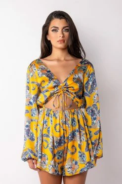 ADMIT IT LONG SLEEVE PRINTED ROMPER WITH CUT OUT 11 ADMIT IT LONG SLEEVE PRINTED ROMPER WITH CUT OUT -AKIRA Sales Shop admit it long sleeve printed romper with cut out yellow multi 3 3