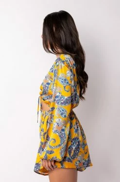 ADMIT IT LONG SLEEVE PRINTED ROMPER WITH CUT OUT 12 ADMIT IT LONG SLEEVE PRINTED ROMPER WITH CUT OUT -AKIRA Sales Shop admit it long sleeve printed romper with cut out yellow multi 4 4