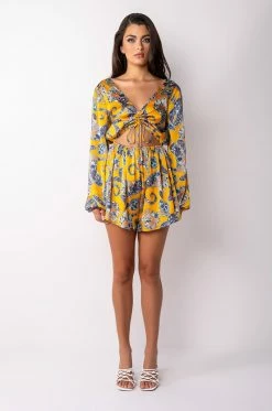 ADMIT IT LONG SLEEVE PRINTED ROMPER WITH CUT OUT 15 ADMIT IT LONG SLEEVE PRINTED ROMPER WITH CUT OUT -AKIRA Sales Shop admit it long sleeve printed romper with cut out yellow multi 7 7