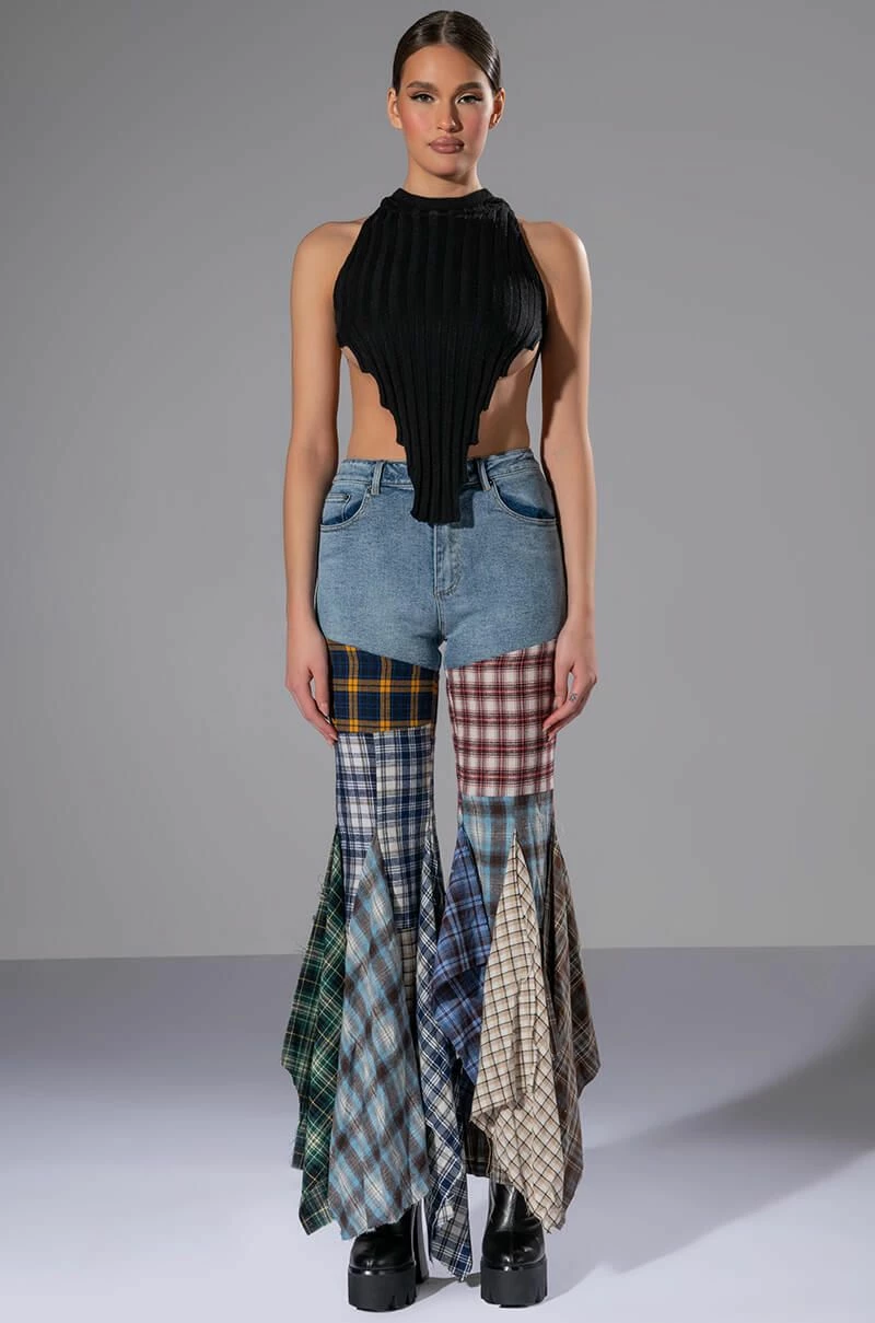 ALEXA PLAID PATCHWORK FLARED JEANS - Image 3