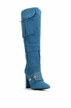 ALL OVER ME CHUNKY CARGO PATCHWORK BOOT IN DENIM 9 ALL OVER ME CHUNKY CARGO PATCHWORK BOOT IN DENIM -AKIRA Sales Shop all over me chunky cargo patchwork boot in denim blue 3 3
