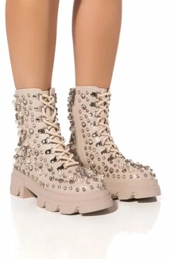 AZALEA WANG ALASKA FLATFORM RHINESTONE PEARL BOOTIE IN BONE