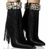 AZALEA WANG AVERI EMBELLISHED FRINGE BOOTIE IN BLACK