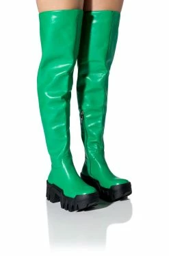 AZALEA WANG BIG STEPPER THIGH HIGH FLATFORM BOOT IN GREEN