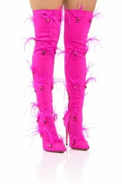 AZALEA WANG CAROLYN FEATHER EMBELLISHED PINK BOOT