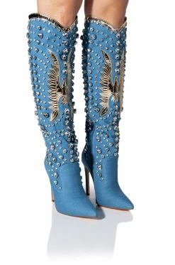 AZALEA WANG DENIM AND DIAMONDS KNEE HIGH STILETTO WESTERN BOOT IN DENIM