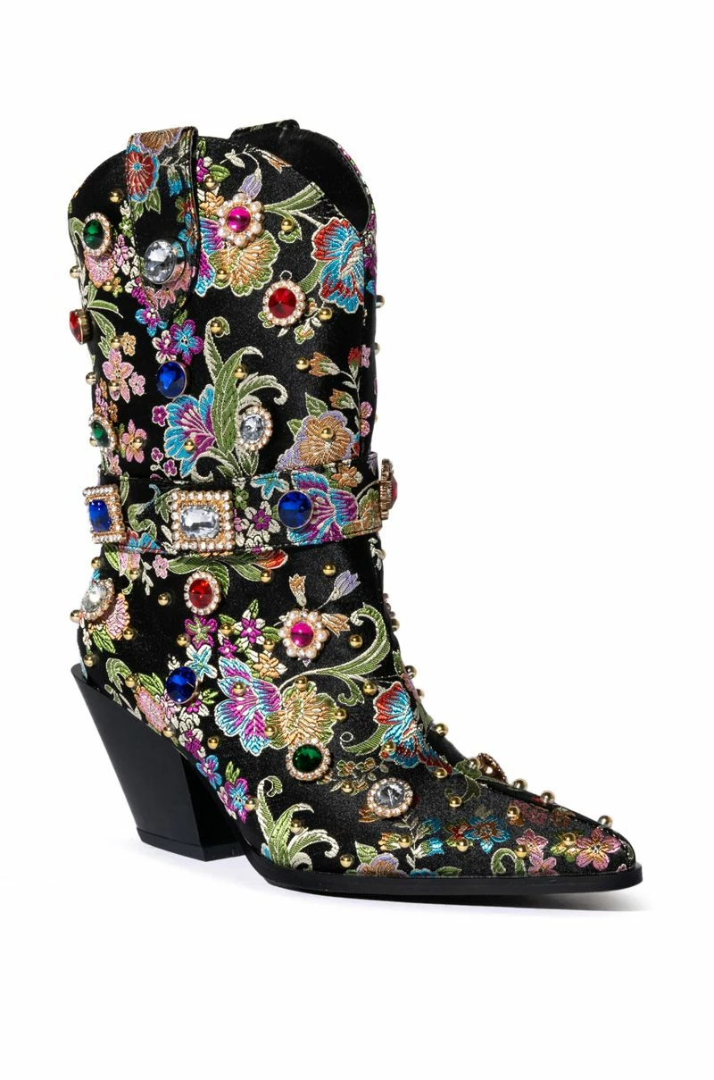 AZALEA WANG DILIGENT GEM EMBELLISHED BROCADE WESTERN BOOTIE IN BLACK - Image 3