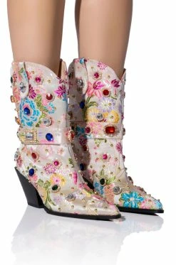 AZALEA WANG DILIGENT GEM EMBELLISHED BROCADE WESTERN BOOTIE IN BONE