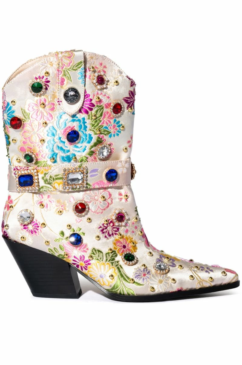 AZALEA WANG DILIGENT GEM EMBELLISHED BROCADE WESTERN BOOTIE IN BONE - Image 2