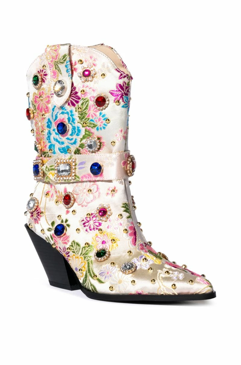 AZALEA WANG DILIGENT GEM EMBELLISHED BROCADE WESTERN BOOTIE IN BONE - Image 3
