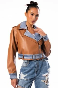 AZALEA WANG DOUBLE TROUBLE DENIM MOTO JACKET