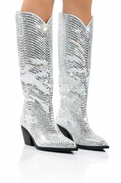 AZALEA WANG DRIVEN RHINESTONE WESTERN BOOT IN SILVER