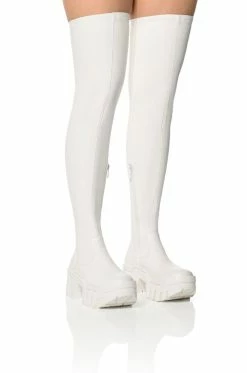 AZALEA WANG FAVORED PU THIGH HIGH BOOT WITH 4 WAY STRETCH IN WHITE