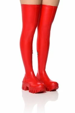AZALEA WANG FAVORED PU THIGH HIGH BOOT WITH 4 WAY STRETCH IN RED