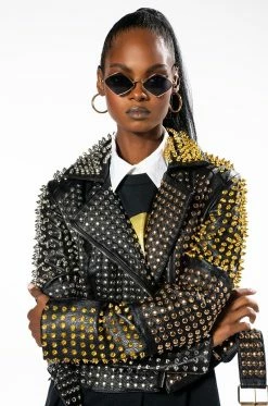 AZALEA WANG HALF AND HALF GRANDE STUDDED MOTO JACKET