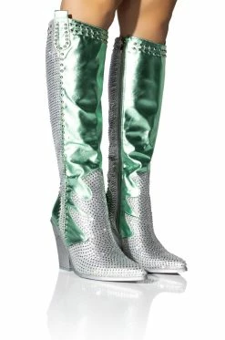 AZALEA WANG LEITTEN CHUNKY WESTERN RHINESTONE BOOT IN GREEN