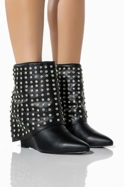 AZALEA WANG MARINA RHINESTONE STUDDED FOLD OVER WEDGE BOOTIE IN BLACK