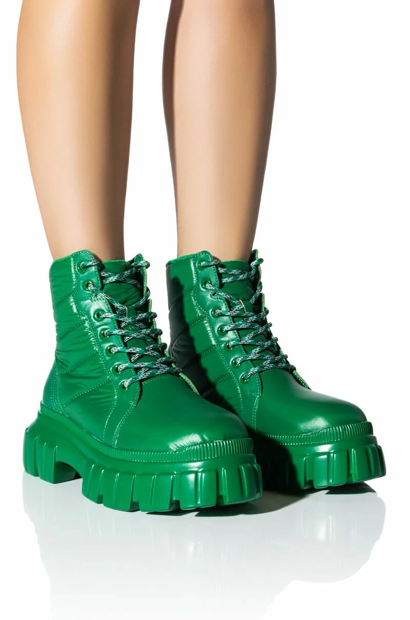 AZALEA WANG MERCEDES PUFFER FLATFORM BOOT IN GREEN