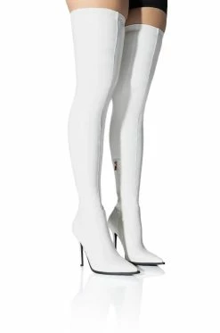 AZALEA WANG MILEY THIGH HIGH STILETTO BOOT WITH 4 WAY STRETCH IN WHITE