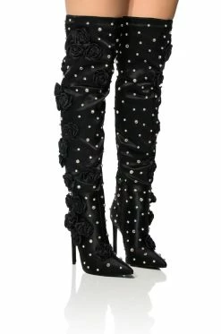 AZALEA WANG PATTI EMBELLISHED SATIN BOOT IN BLACK