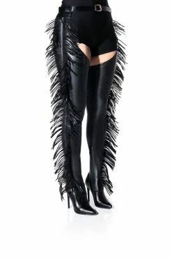 AZALEA WANG RIDE AT DAWN BELTED THIGH HIGH STILETTO FRINGE CHAP BOOT WITH 4 WAY STRETCH