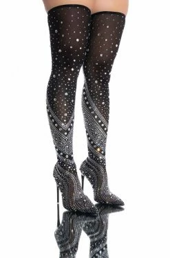 AZALEA WANG ROXY RHINESTONE THIGH HIGH STILETTO BOOT IN BLACK