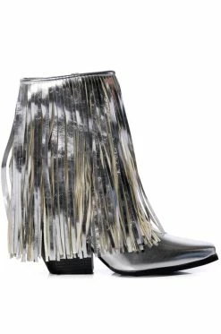 AZALEA WANG SCARLETT METALLIC CHUNKY WESTERN FRINGE BOOTIE IN SILVER