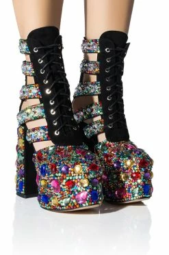 AZALEA WANG STOMP EMBELLISHED LACE UP BOOTIE IN MULTI