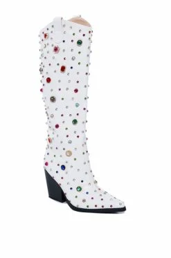 AZALEA WANG SWEET TREAT RHINESTONE EMBELLISHED WESTERN BOOT IN WHITE -AKIRA Sales Shop azalea wang sweet treat rhinestone embellished western boot in white white 3 3