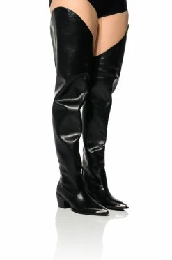 AZALEA WANG THIGH HIGH WESTERN BOOT IN BLACK