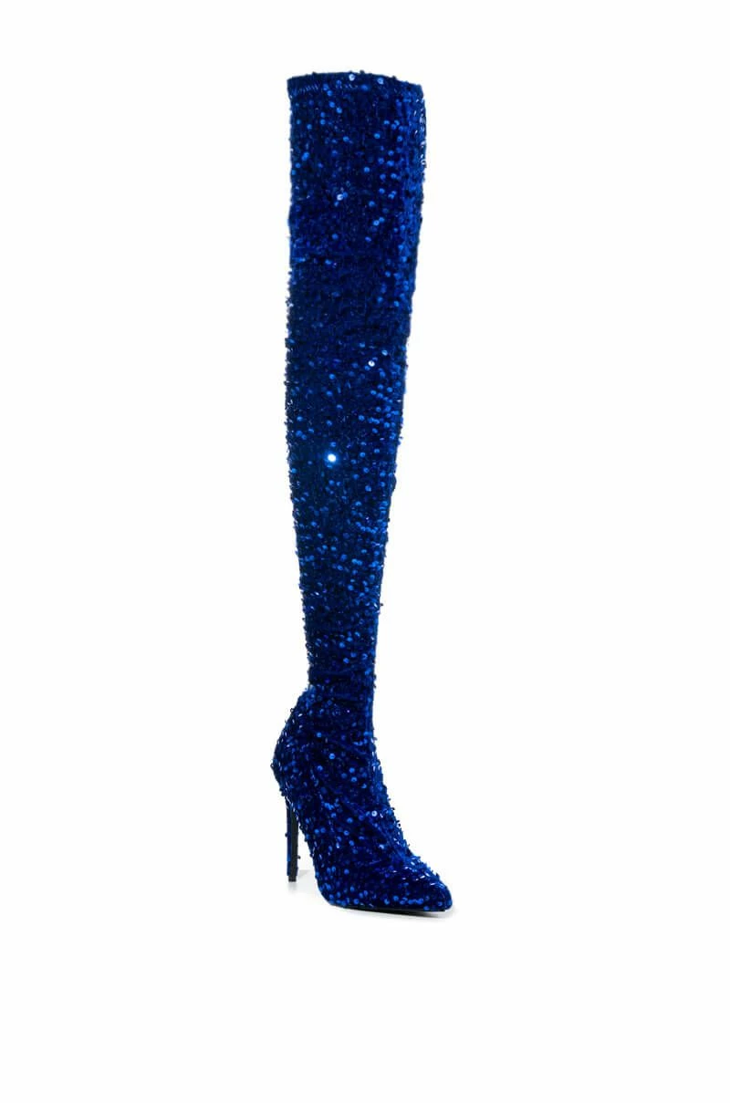 AZALEA WANG ULTRA STRETCH SEQUIN THIGH HIGH STILETTO BOOT IN BLUE - Image 3