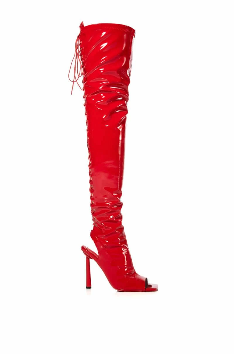 AZALEA WANG YORI SEXY PATENT OPEN TOE BOOT IN RED - Image 2