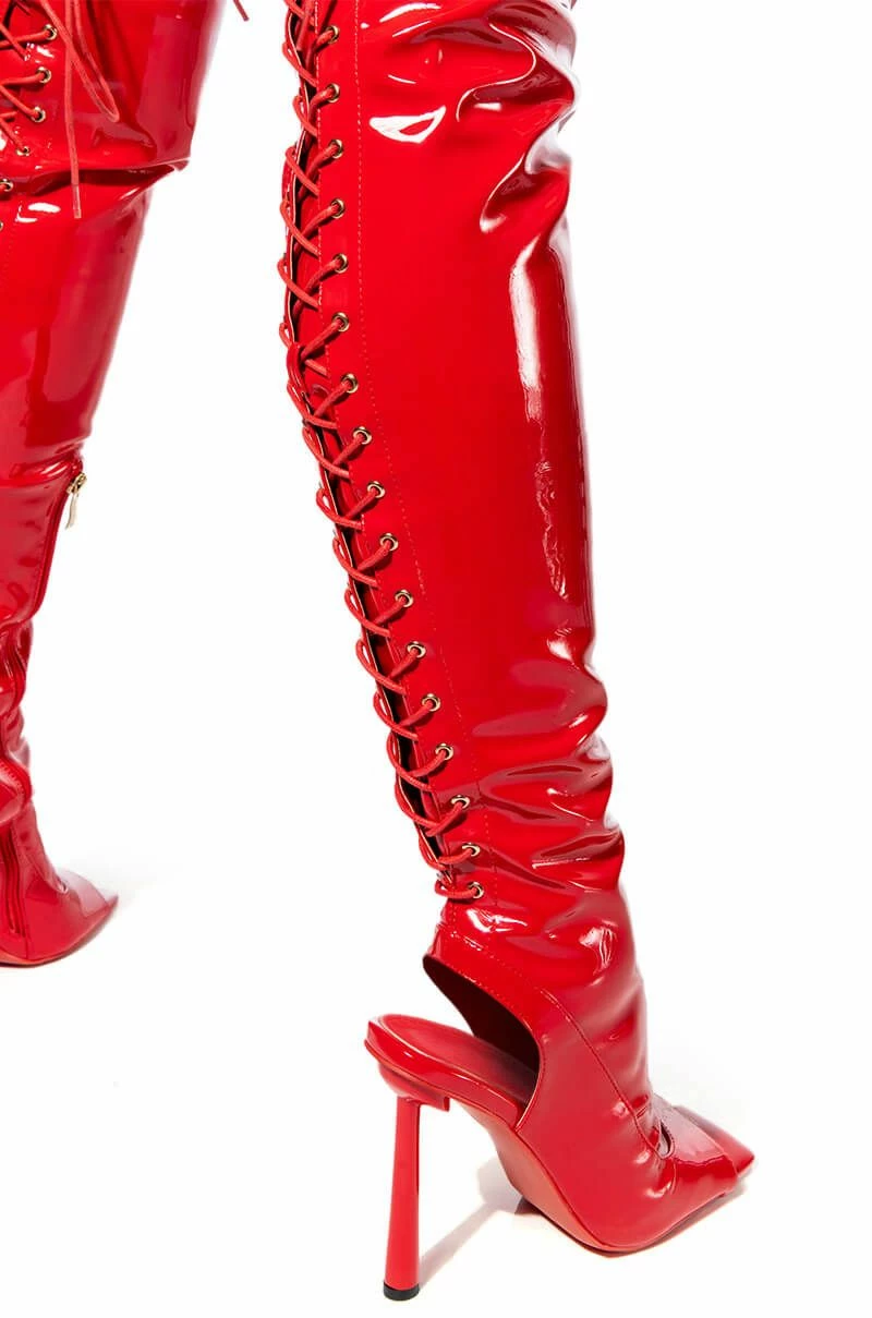 AZALEA WANG YORI SEXY PATENT OPEN TOE BOOT IN RED - Image 5