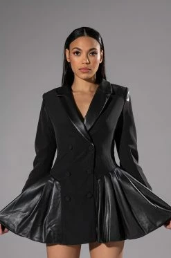 BACK TO BUSINESS FAUX LEATHER DETAIL PLEATED BLAZER DRESS