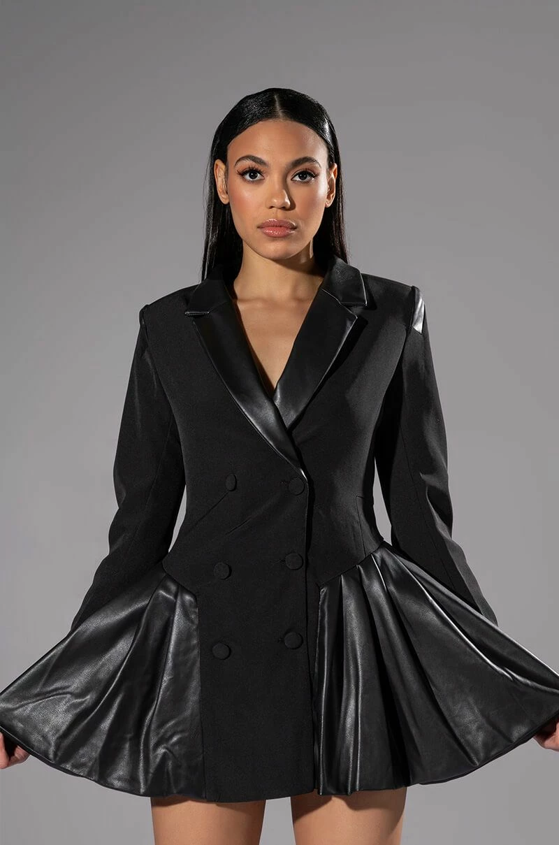 BACK TO BUSINESS FAUX LEATHER DETAIL PLEATED BLAZER DRESS 3 BACK TO BUSINESS FAUX LEATHER DETAIL PLEATED BLAZER DRESS
