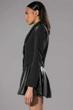 BACK TO BUSINESS FAUX LEATHER DETAIL PLEATED BLAZER DRESS 14 BACK TO BUSINESS FAUX LEATHER DETAIL PLEATED BLAZER DRESS -AKIRA Sales Shop back to business faux leather detail pleated blazer dress black 5 5