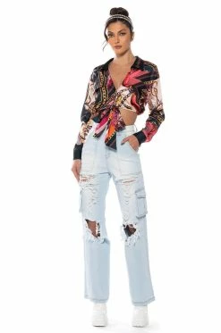 BE REAL DISTRESSED CARGO HIGH RISE JEANS -AKIRA Sales Shop be real distressed cargo high rise jeans light blue denim 3 3