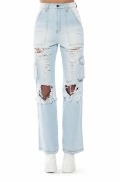 BE REAL DISTRESSED CARGO HIGH RISE JEANS -AKIRA Sales Shop be real distressed cargo high rise jeans light blue denim 5 5