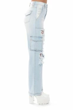 BE REAL DISTRESSED CARGO HIGH RISE JEANS -AKIRA Sales Shop be real distressed cargo high rise jeans light blue denim 6 6