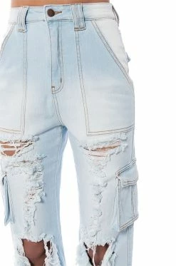 BE REAL DISTRESSED CARGO HIGH RISE JEANS -AKIRA Sales Shop be real distressed cargo high rise jeans light blue denim 8 8