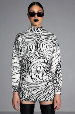 BODY WORK ABSTRACT LONG SLEEVE KNIT MINI DRESS 10 BODY WORK ABSTRACT LONG SLEEVE KNIT MINI DRESS -AKIRA Sales Shop body work abstract long sleeve knit mini dress white multi 1 1
