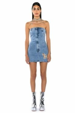 BUTTERFLY KISS EMBELLISHED DENIM MINI TUBE DRESS -AKIRA Sales Shop butterfly kiss embellished denim mini tube dress light blue 3 3