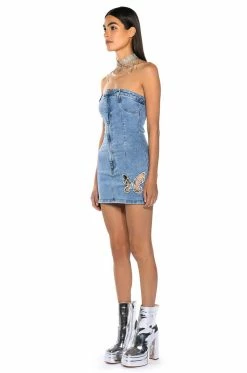 BUTTERFLY KISS EMBELLISHED DENIM MINI TUBE DRESS -AKIRA Sales Shop butterfly kiss embellished denim mini tube dress light blue 4 4