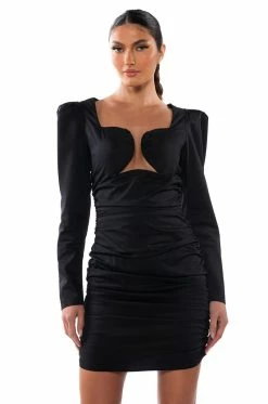 CAUSE A COMMOTION RUCHED PUFF SLEEVE MINI DRESS IN BLACK