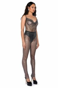 COWL NECK RHINESTONE MESH JUMPSUIT -AKIRA Sales Shop cowl neck rhinestone mesh jumpsuit black 3 3
