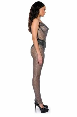 COWL NECK RHINESTONE MESH JUMPSUIT -AKIRA Sales Shop cowl neck rhinestone mesh jumpsuit black 4 4