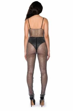 COWL NECK RHINESTONE MESH JUMPSUIT -AKIRA Sales Shop cowl neck rhinestone mesh jumpsuit black 5 5