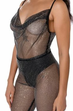 COWL NECK RHINESTONE MESH JUMPSUIT -AKIRA Sales Shop cowl neck rhinestone mesh jumpsuit black 6 6