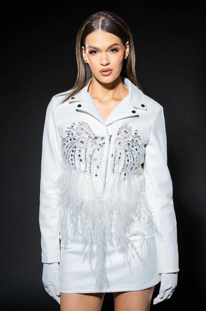 ELEVATED ELEGANCE HAND BEADED FEATHER TRIM MOTO JACKET - Image 10