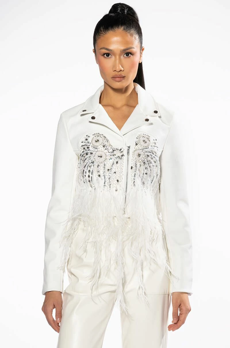 ELEVATED ELEGANCE HAND BEADED FEATHER TRIM MOTO JACKET - Image 4